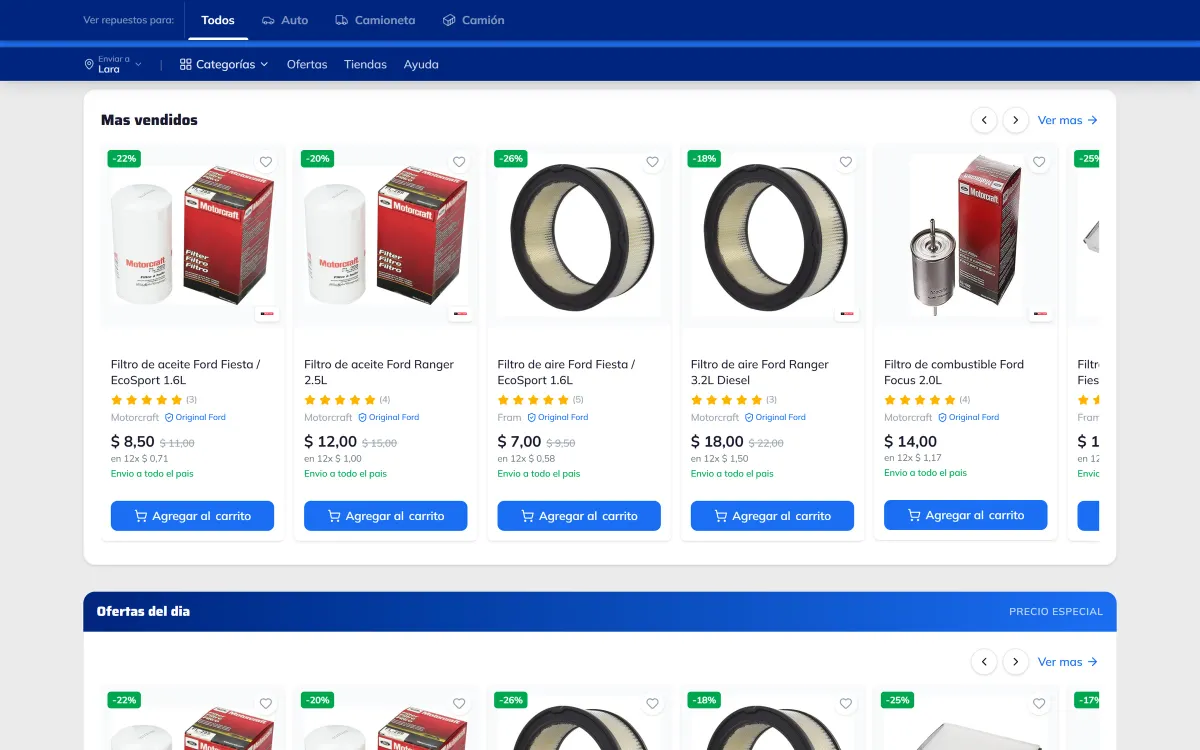 Carrusel de más vendidos del marketplace de repuestos Ford con filtros de aceite y de aire, descuentos, sello Original Ford y precio