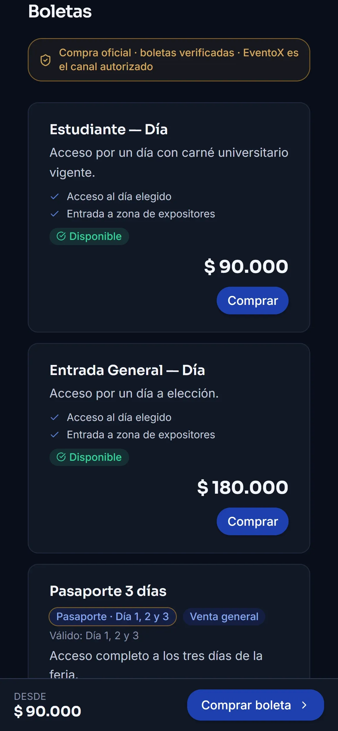 Página pública de compra en el celular con el aviso de compra oficial, las tarjetas de Estudiante Día por 90.000 pesos y Entrada General Día por 180.000 pesos con sus beneficios, la etiqueta Disponible, el botón Comprar y la barra inferior con el precio desde 90.000