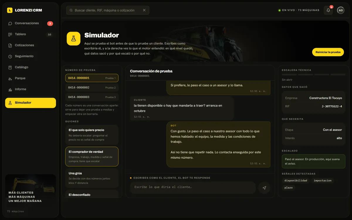 Pantalla Simulador del CRM de Lorenzi con una conversación de prueba y, a la derecha, la escalera técnica, los datos que sacó el motor, el escalado al asesor y las señales detectadas