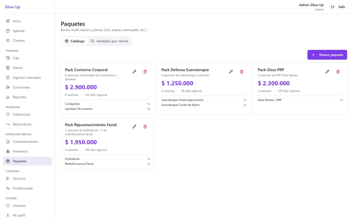 Pantalla Paquetes de Glow Up con cuatro tarjetas de bonos multisesión como Pack Contorno Corporal y Pack Glow PRP, cada una con precio, número de sesiones, días de vigencia y servicios incluidos