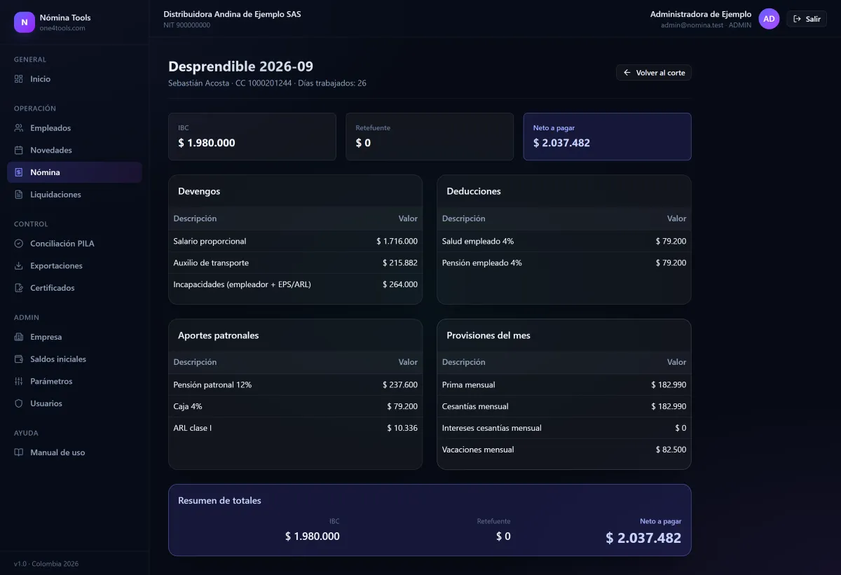 Desprendible de nómina 2026-09 con IBC, retefuente y neto a pagar, y cuatro tablas de devengos, deducciones, aportes patronales y provisiones del mes