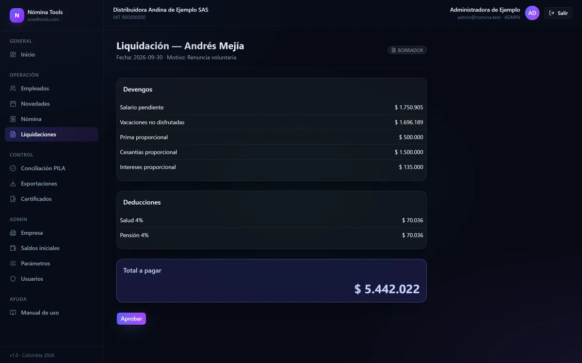 Liquidación de un empleado en borrador con devengos de salario pendiente, vacaciones, prima, cesantías e intereses, deducciones de salud y pensión, y total a pagar