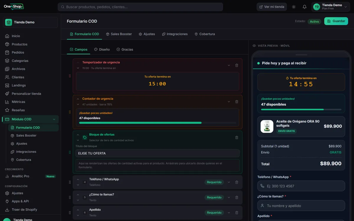 Pantalla del formulario COD con el temporizador de urgencia, el contador de unidades, el bloque de ofertas y la vista previa móvil del pedido