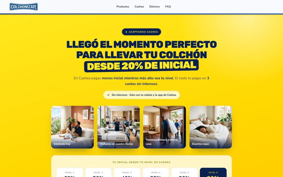 Sección amarilla del sitio de Colchonízate con el titular Llegó el momento perfecto para llevar tu colchón desde 20% de inicial, la etiqueta Aceptamos Cashea, cuatro fotografías de ambientes con colchones y el inicio de la tabla de niveles de Cashea