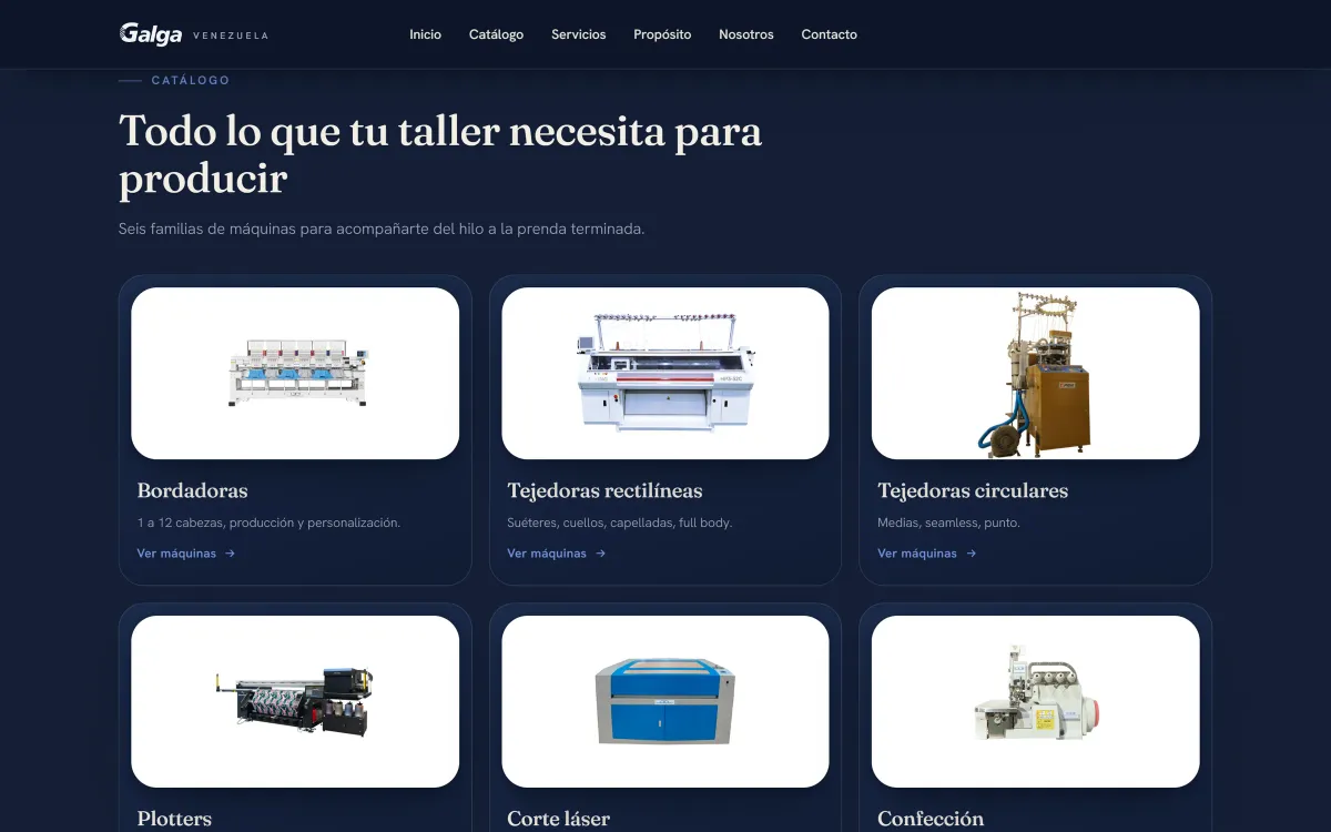 Sección de catálogo del sitio de Galga Venezuela con el título Todo lo que tu taller necesita para producir y tarjetas blancas de las familias Bordadoras, Tejedoras rectilíneas, Tejedoras circulares, Plotters, Corte láser y Confección, sobre fondo azul marino