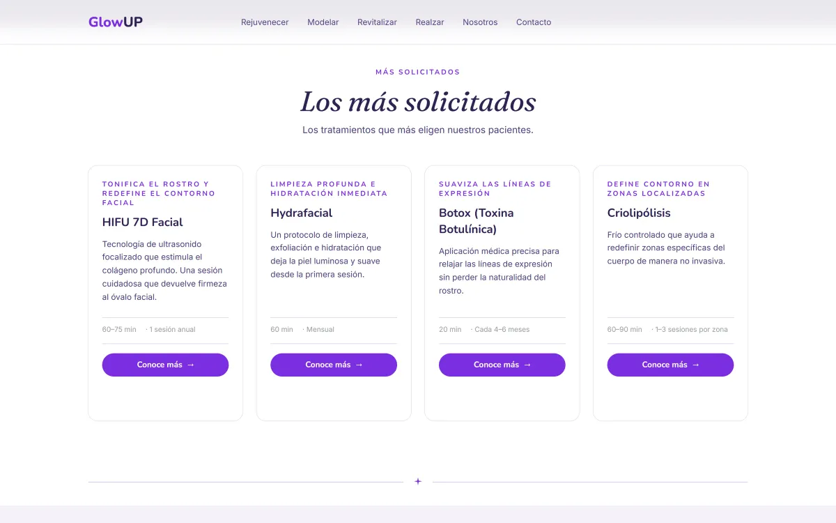 Sección Los más solicitados del sitio de Glow Up Center con cuatro tarjetas blancas de HIFU 7D Facial, Hydrafacial, Botox y Criolipólisis, cada una con su descripción, duración de la sesión, frecuencia y un botón violeta Conoce más