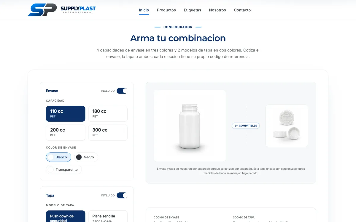 Configurador del sitio de Supply Plast con las capacidades 110, 180, 200 y 300 cc en PET, los colores blanco, negro y transparente, el selector de tapa push down de seguridad o plana sencilla, y la vista de un envase blanco junto a su tapa con la etiqueta Compatibles
