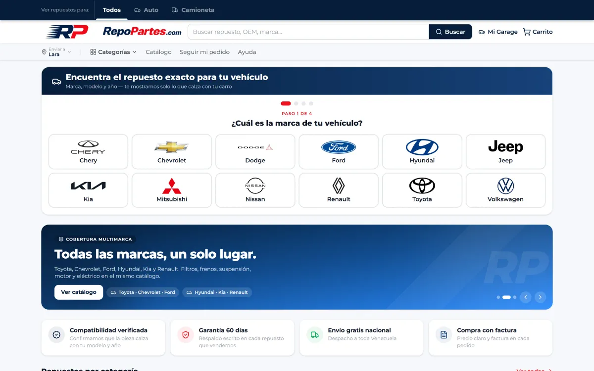Portada de RepoPartes con el paso uno de cuatro, doce marcas de vehículos con su logo y las garantías de la tienda