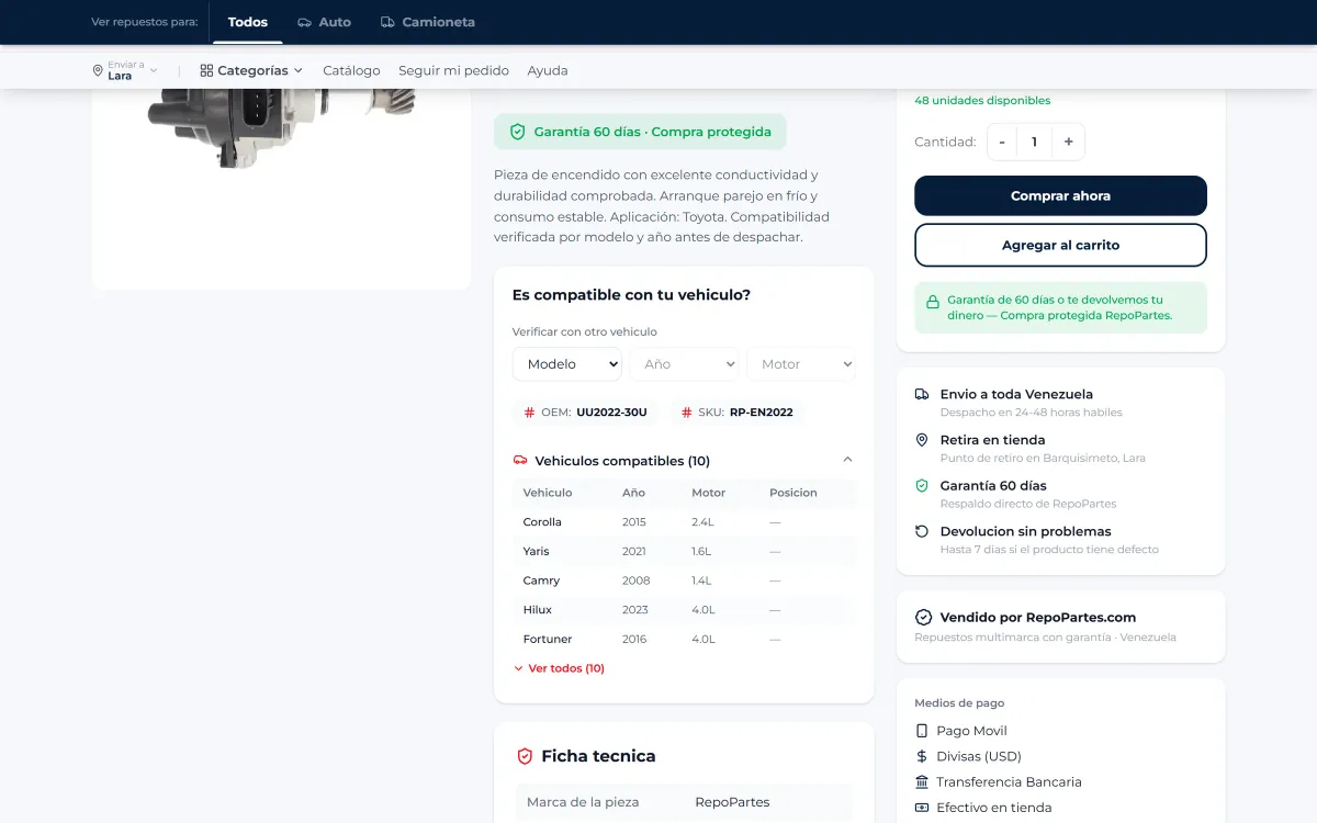 Ficha de un repuesto con verificador de compatibilidad, número OEM, SKU y tabla de diez vehículos compatibles