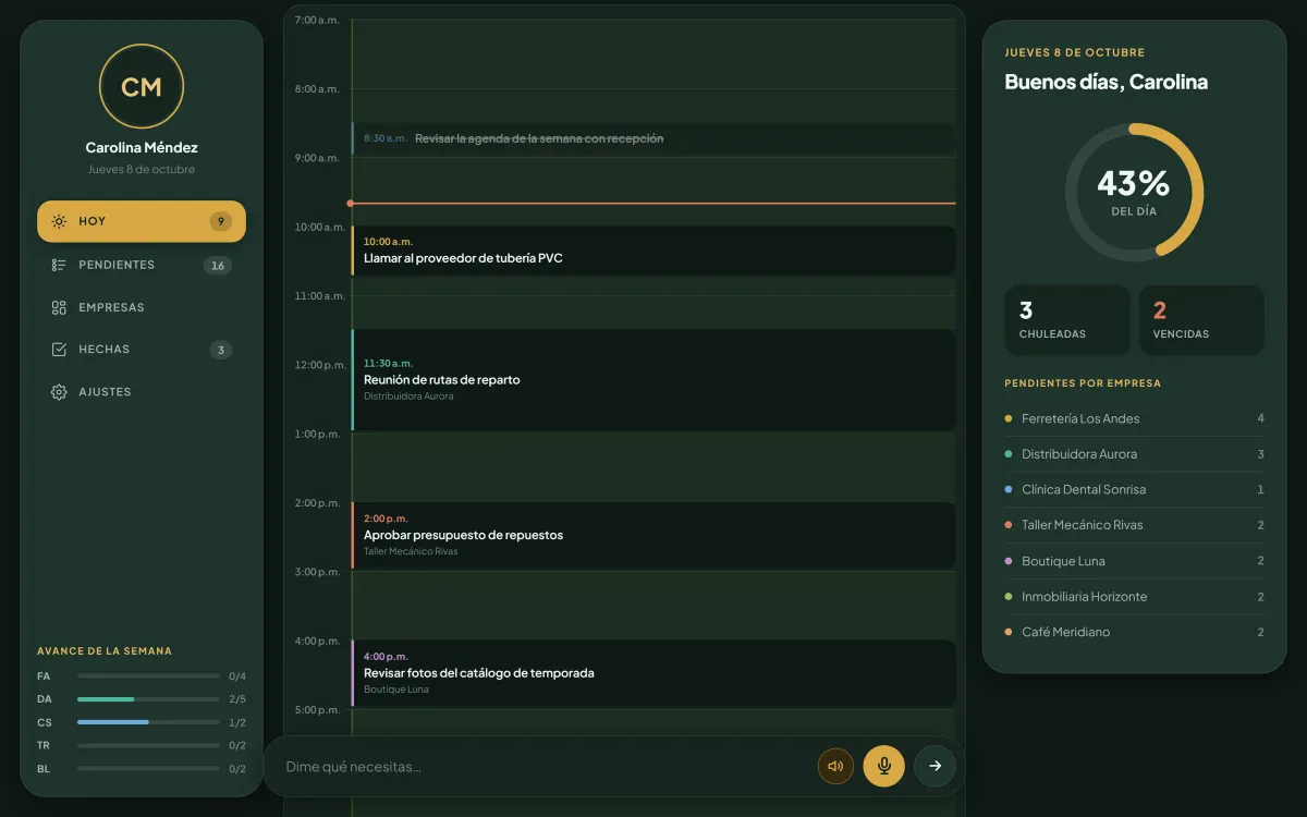 Calendario del día entre las 7 de la mañana y las 5 de la tarde con bloques de colores para cuatro tareas, una tarea ya hecha tachada y una línea roja que marca la hora actual