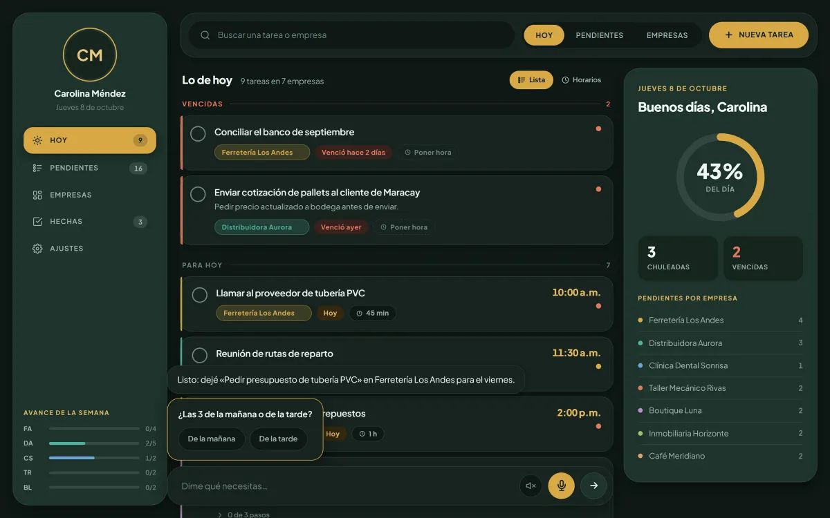 Pantalla Hoy con el asistente abajo: una burbuja confirma que dejó una tarea en Ferretería Los Andes para el viernes y una pregunta ofrece los botones De la mañana y De la tarde