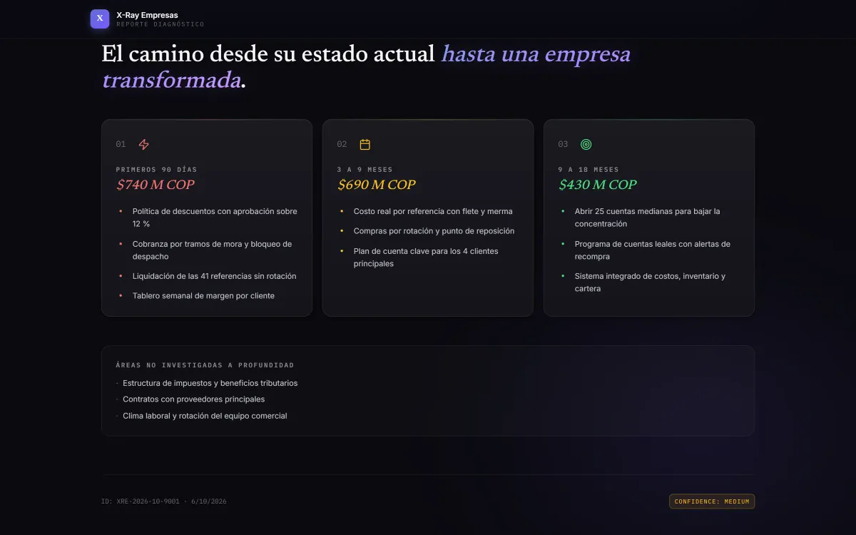 Hoja de ruta con tres columnas: primeros 90 días con 740 millones, 3 a 9 meses con 690 millones y 9 a 18 meses con 430 millones, y una lista de áreas no investigadas a profundidad