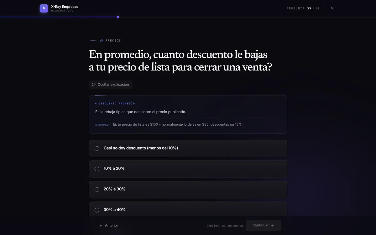 Pantalla del cuestionario de X-Ray Empresas con la pregunta sobre el descuento promedio, un panel con la explicación y el ejemplo, opciones por rango y el contador Pregunta 27 de 81