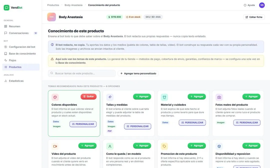 Ficha de producto del bot